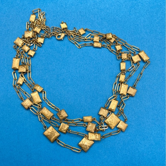 Gold Tone Multi-Strand Chain Hammered Statement Necklace - Picture 3 of 8